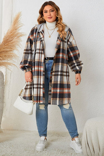 Woochic veste grande taille femme à capuche motif carreaux brun 1XL